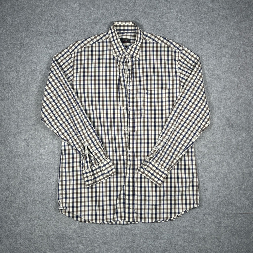Paul & Shark Button Down Shirt Mens 42 Blue Brown Gingham Plaid Yachting Cotton